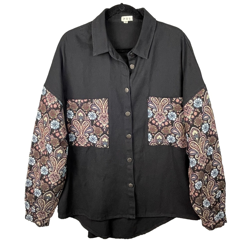 POL  Anthropologie Tapestry Shacket Medium Black Cotton oversized shirt‎ jacket
